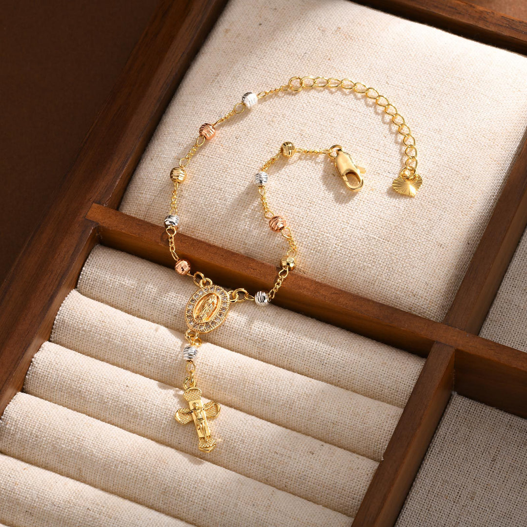 Oval Virgin Mary & Cross Beaded Bracelet