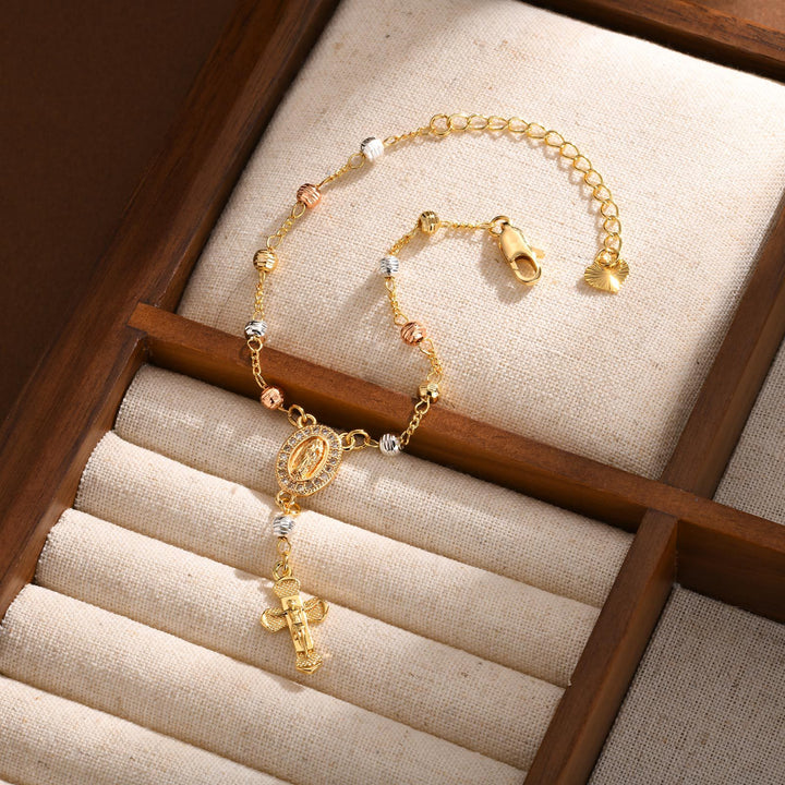 Oval Virgin Mary & Cross Beaded Bracelet