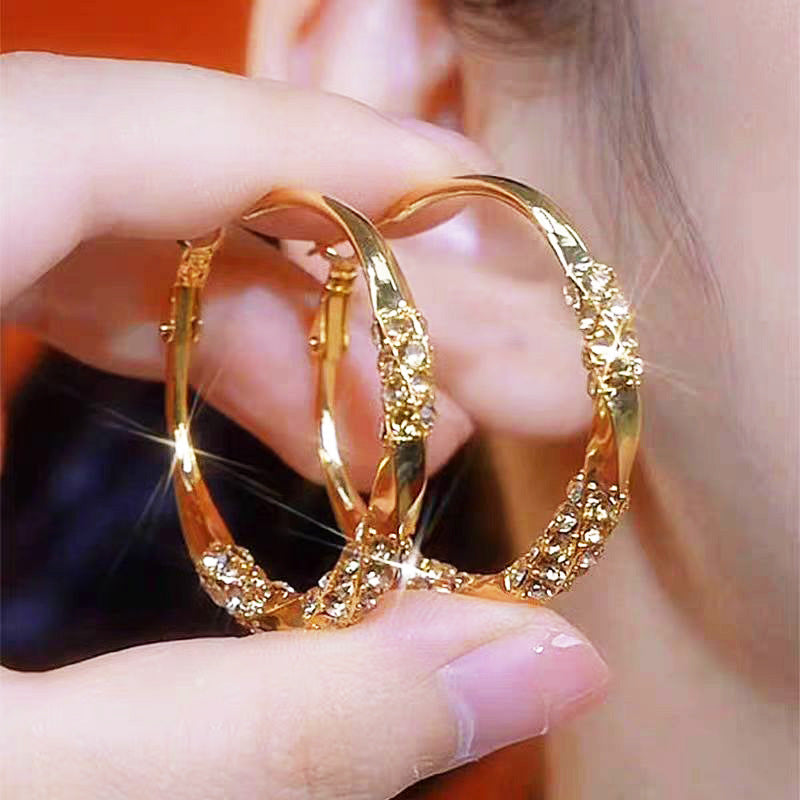 Twisted Pattern Diamond-Inlaid Hoop Earrings (Vintage Gorgeous Style Series)