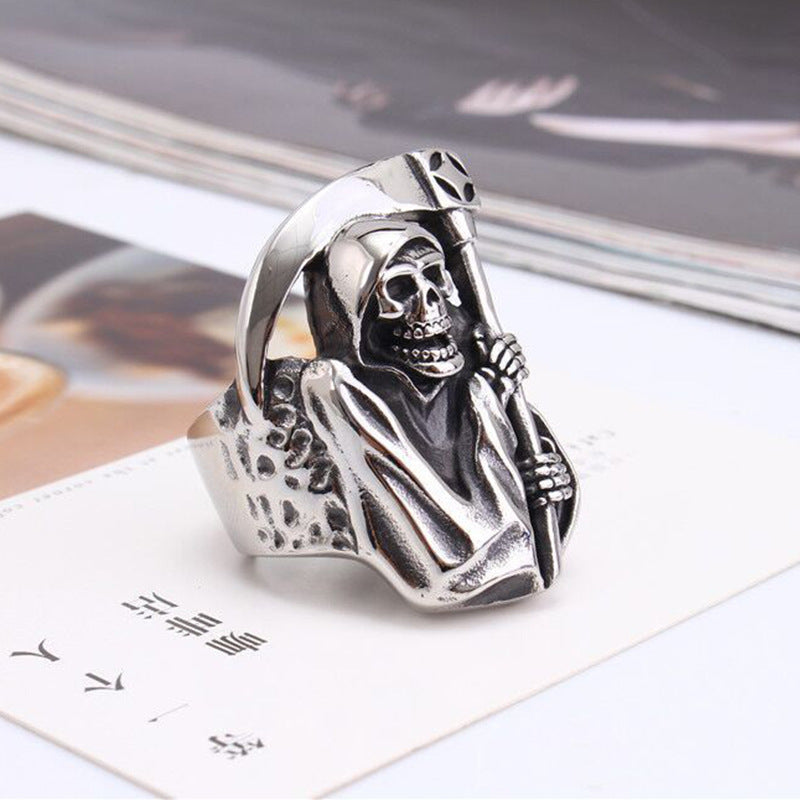 Grim Reaper Skull Ring with Scythe (Gothic Dark · Biker Style)