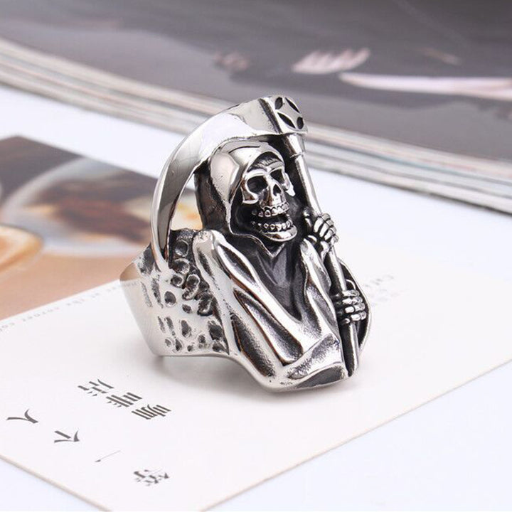 Grim Reaper Skull Ring with Scythe (Gothic Dark · Biker Style)