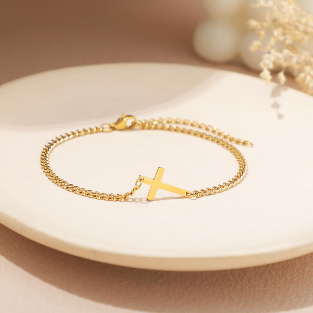 Unisex Stainless Steel 18K Gold Cross & Alphabet Bracelet
