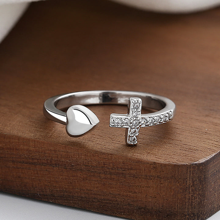 Jesus Cross Heart Open Ring for Women – Minimalist Diamond Faith Ring