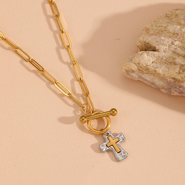 Cross Pendant Paperclip Chain Necklace – Luxury Faith-Inspired Two-Tone Jewelry