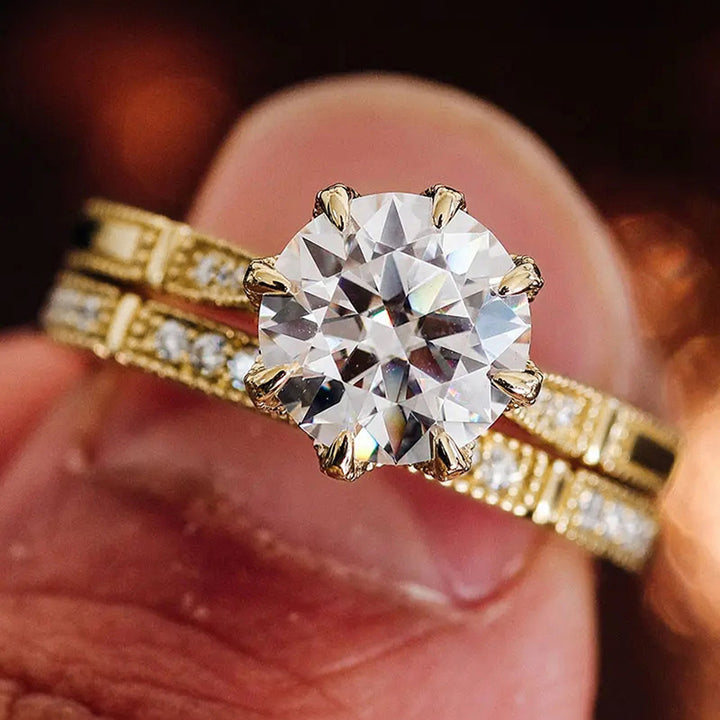 8-Prong Center Diamond Full Pave Double Layer Stackable Ring (Gold Luxury Glamorous Style)
