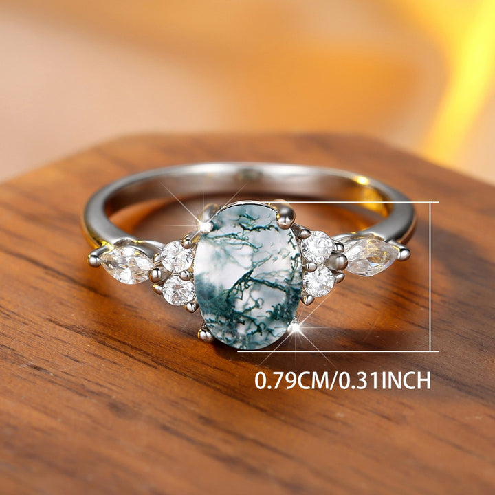 Rose Gold Moss Agate Oval Ring (Forest-Style Luxury Niche Style)