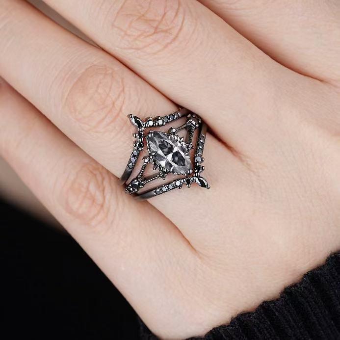 Black Gold Colored Diamond Triple Layer Stackable Ring (Dark Luxury Glamorous Style)