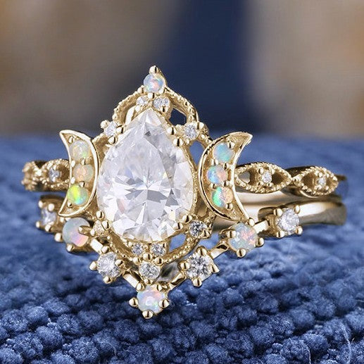 Moon-Star Teardrop Diamond Double Layer Stackable Ring (Dreamy Luxury Vintage Style)