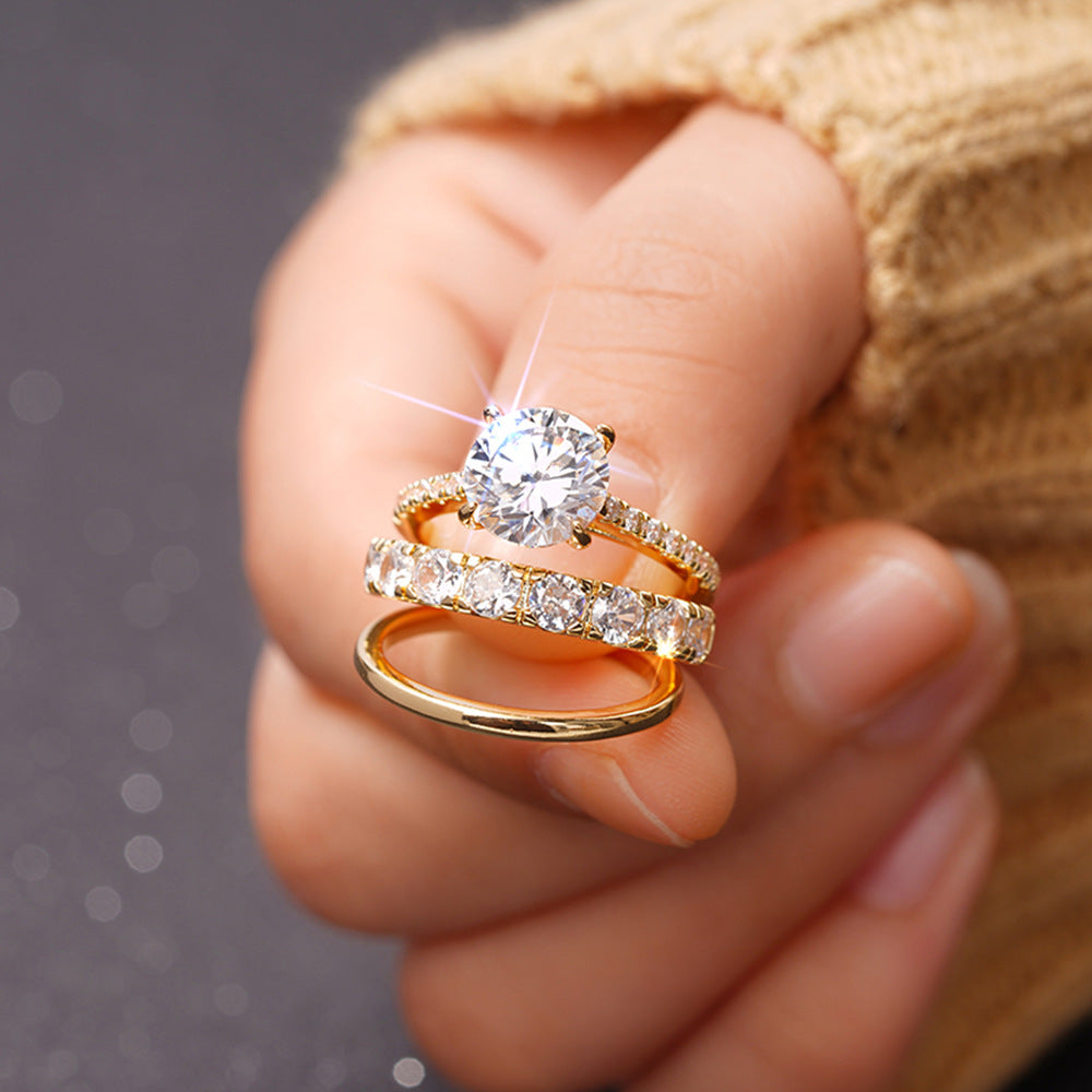 Gold Center Diamond Full Pave Triple Layer Stackable Ring (Luxury Glamorous Ritual Style)