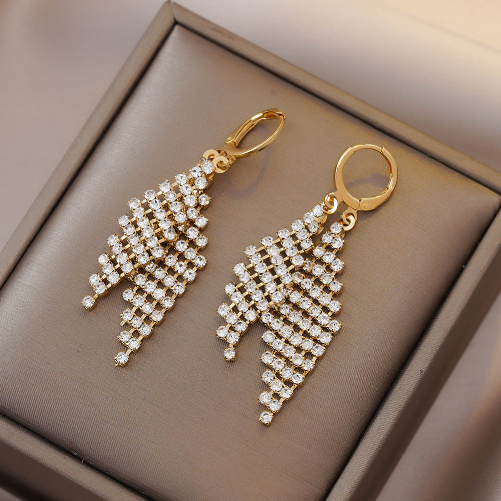 Gold Base Full Diamond Feather Tassel Earrings (Luxury Elegant Banquet Style)