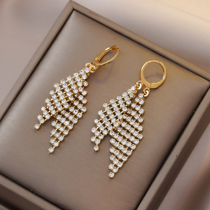 Gold Base Full Diamond Feather Tassel Earrings (Luxury Elegant Banquet Style)