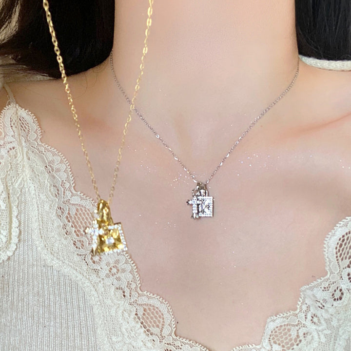 Full Diamond Lock + Cross Double Pendant Necklace (Cool Luxury Personalized Style)