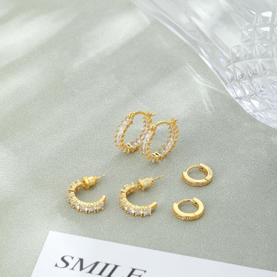 Two-Tone Segmented Diamond Bar Hoop Earring Set (Cool & Warm Style Dual Option)