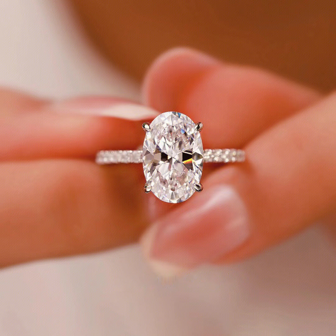 S925 Sterling Silver Oval Cut Four-Prong Engagement Ring for Women
