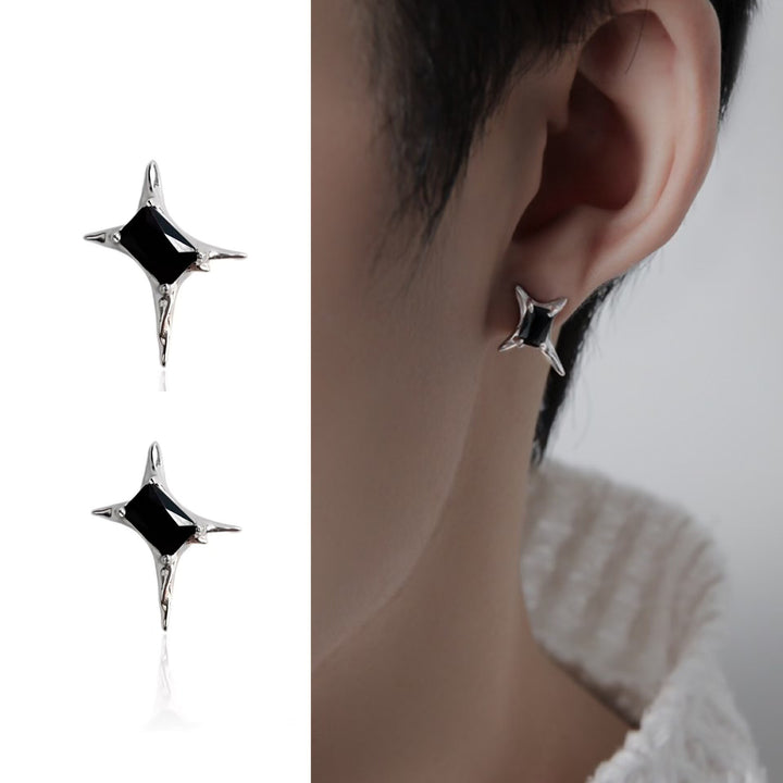 Niche Spiky Star Stud Earrings, Black & White Diamond Cool Silver Unisex Street Hip Hop Jewelry