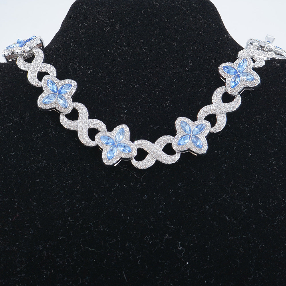 Infinity Knot Clover Clear Diamond Jewelry Set, Gold & Silver Tone Luxury Pave White Gemstone Bracelet & Necklace