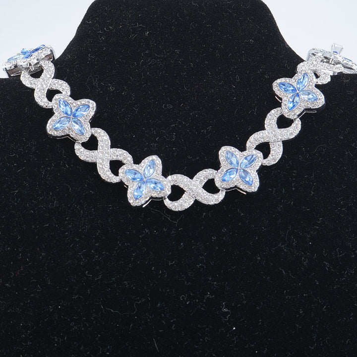 Infinity Knot Clover Clear Diamond Jewelry Set, Gold & Silver Tone Luxury Pave White Gemstone Bracelet & Necklace