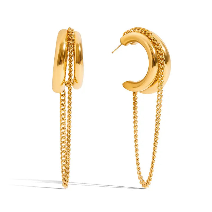 Double Layer C-Shape Hoop Chain Tassel Earrings, Two-Tone/Silver/Gold 3 Color S925 SilverGeometric Long Dangle Jewelry