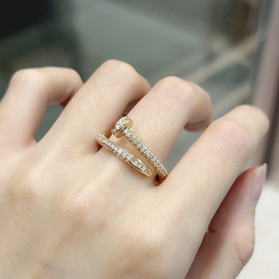 Full Pave Open Nail Shape Ring, Multi-Tone Plated Luxury Spiral Crystal Band