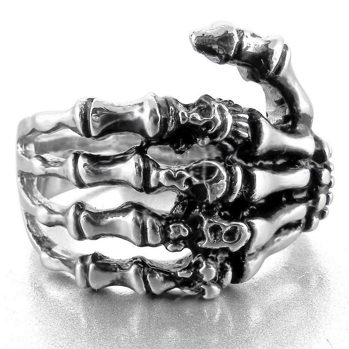 3D Skeleton Claw Bone Open Vintage Ring, S925 Silver Antiqued Dark Alternative Adjustable Wide Band For Men