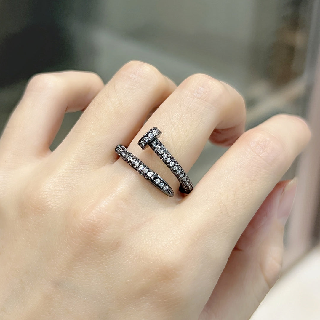 Full Pave Open Nail Shape Ring, Multi-Tone Plated Luxury Spiral Crystal Band