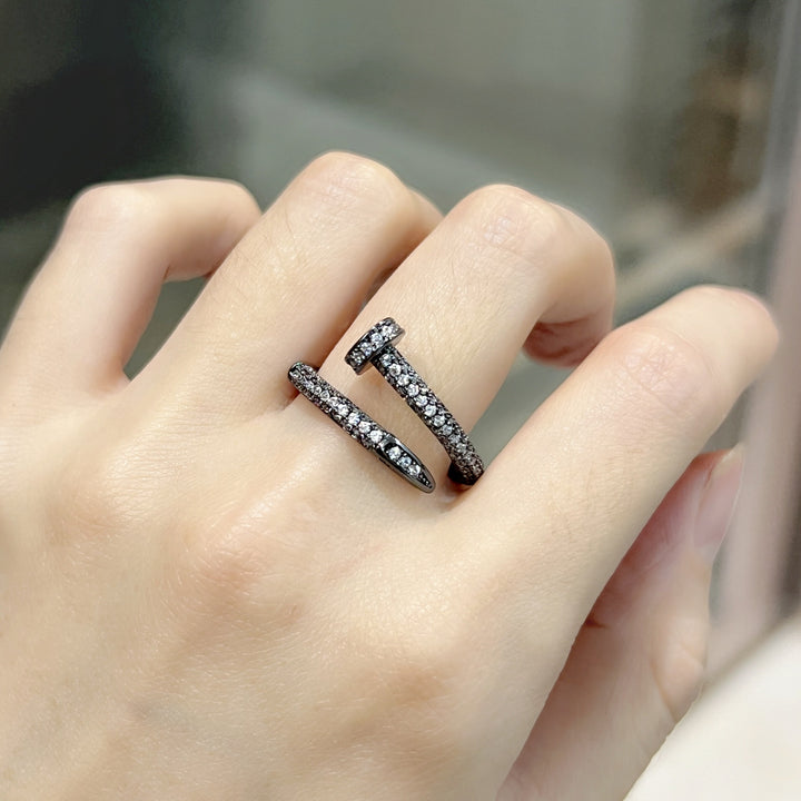Full Pave Open Nail Shape Ring, Multi-Tone Plated Luxury Spiral Crystal Band