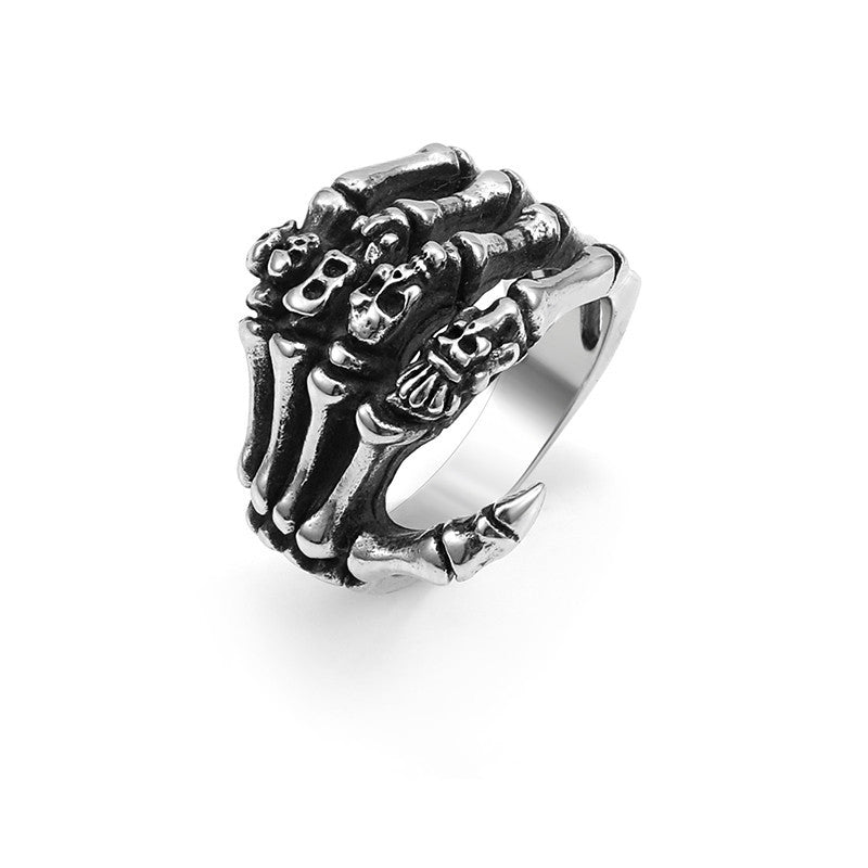 3D Skeleton Claw Bone Open Vintage Ring, S925 Silver Antiqued Dark Alternative Adjustable Wide Band For Men