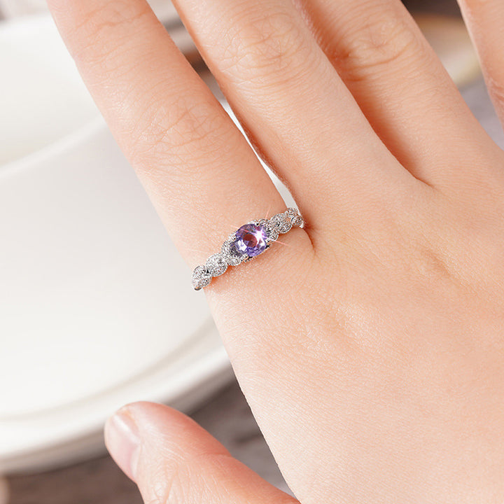 Four‑Prong Main Stone Leaf‑Shaped Pave Silver Ring, Multi‑Color Options
