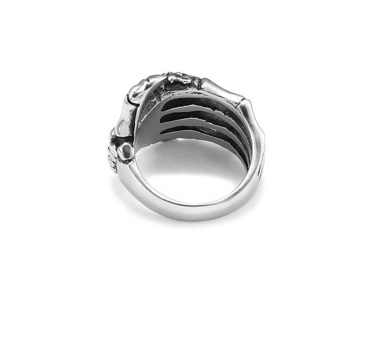 3D Skeleton Claw Bone Open Vintage Ring, S925 Silver Antiqued Dark Alternative Adjustable Wide Band For Men