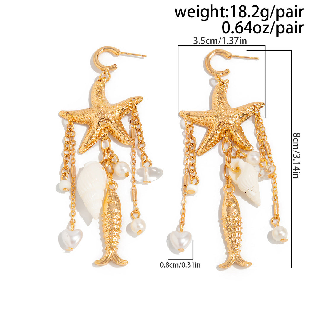 Coastal Vacation Starfish Shell Tassel Long Drop Earrings, European Vintage Ocean Series Multi-style Holiday Earrings for Women