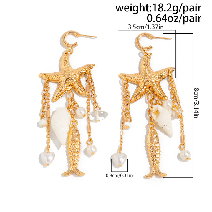 Coastal Vacation Starfish Shell Tassel Long Drop Earrings, European Vintage Ocean Series Multi-style Holiday Earrings for Women