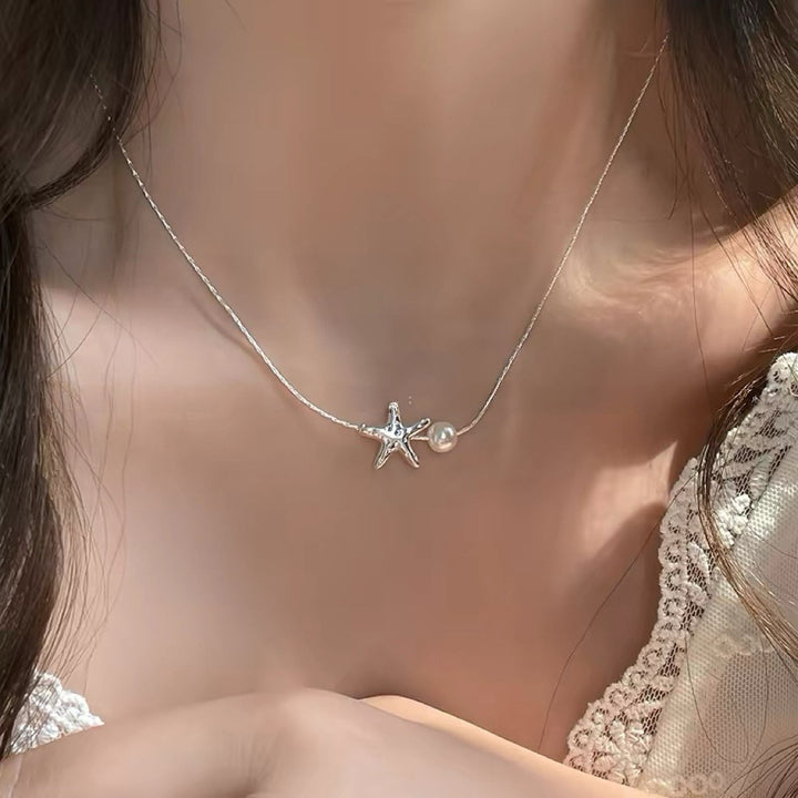 Starfish Pearl S925 Silver Necklace, Minimalist Ocean Style Starfish Pendant Choker, Fresh Versatile Ladies Necklace