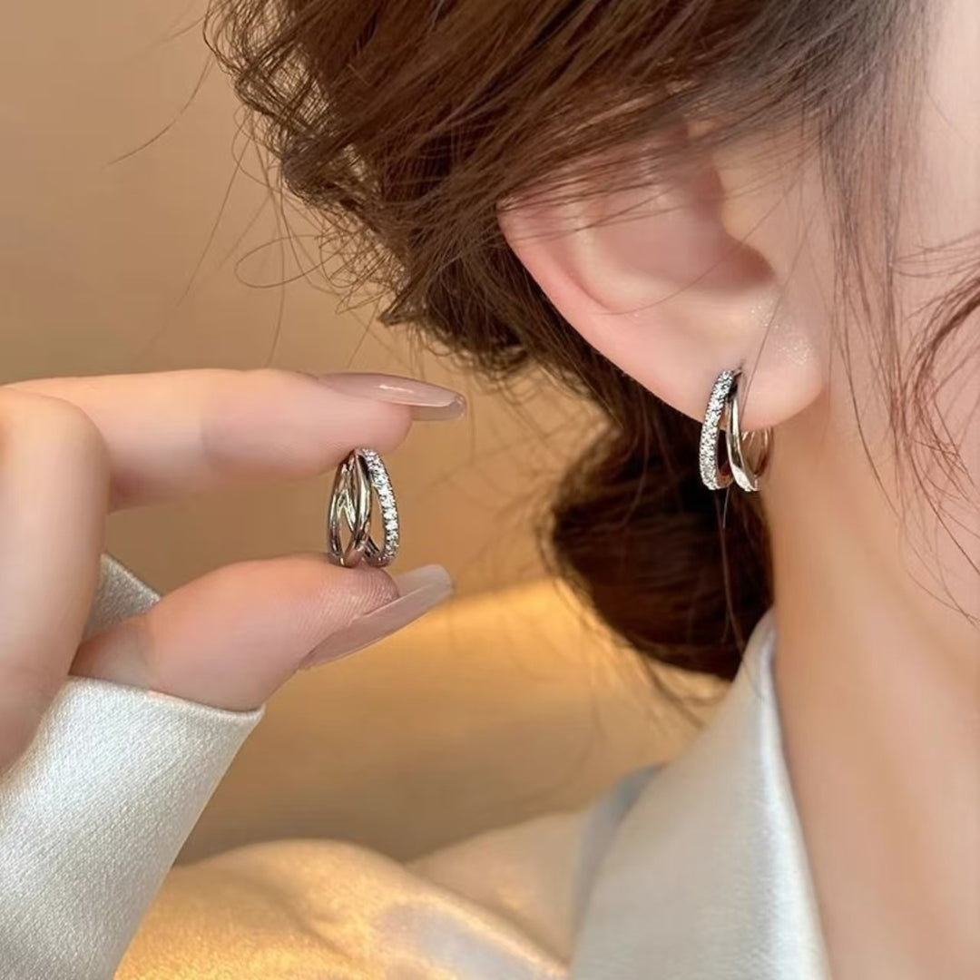 S925 Silver Double Layer Intertwined Diamond Hoop Earrings, Minimalist Luxury Cross Diamond Huggie Hoops