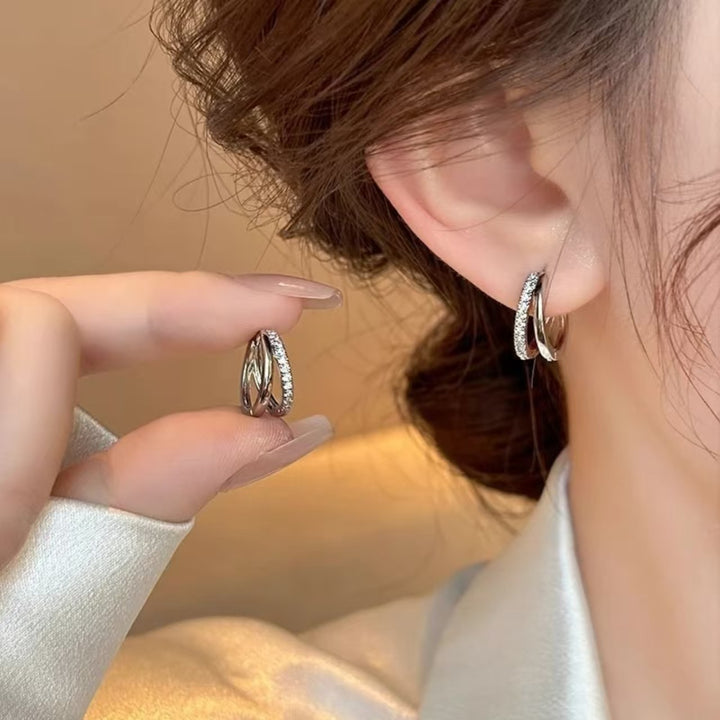 S925 Silver Double Layer Intertwined Diamond Hoop Earrings, Minimalist Luxury Cross Diamond Huggie Hoops
