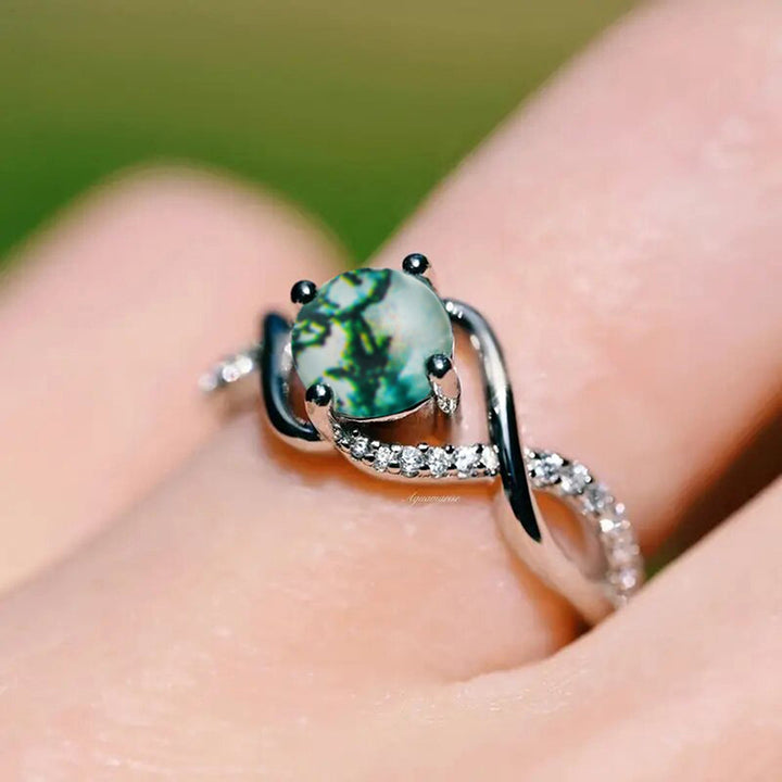 Twisted Shank Moss Agate Ring, Forest Style Paved Diamond Silver Delicate Band for Women
