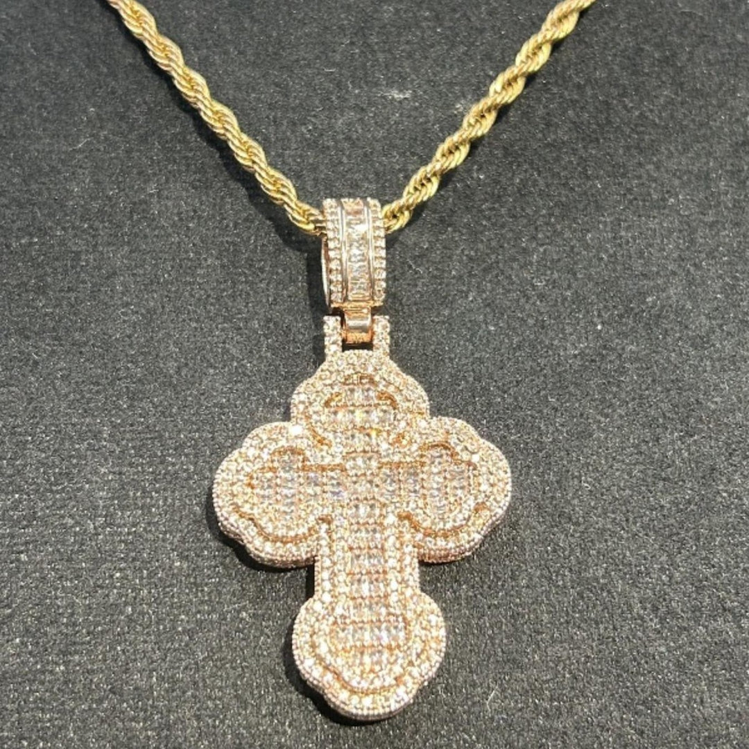Vintage Floral Border Full Diamond Cross Pendant Necklace, S925 Silver Hip Hop Iced Out Twist Chain Jewelry