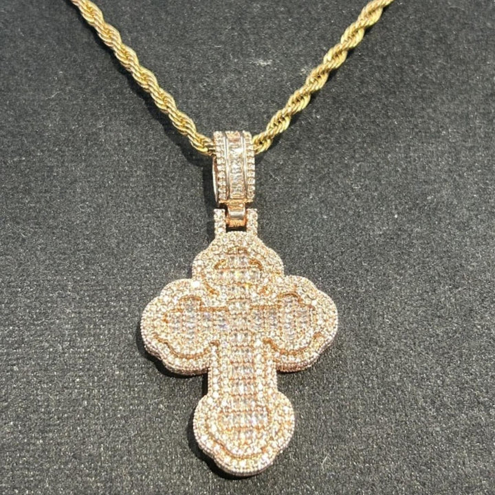 Vintage Floral Border Full Diamond Cross Pendant Necklace, S925 Silver Hip Hop Iced Out Twist Chain Jewelry