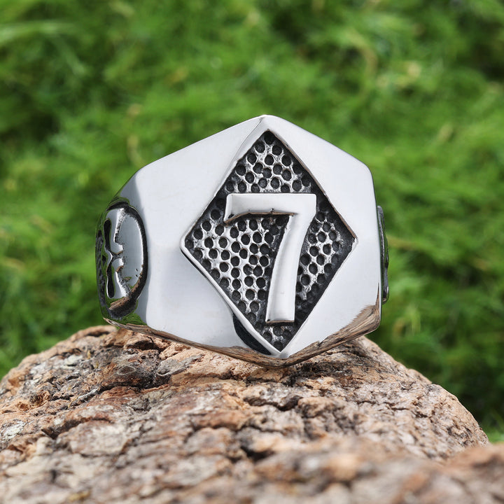Lucky Number 7 Symbol Ring (Vintage American Biker Style Band)