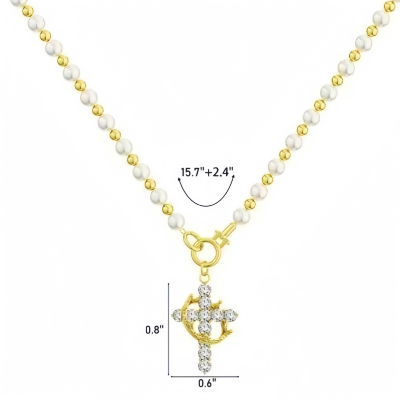 Gold-White Contrast Pearl & Pave Cross Necklace (Sweet-Cool Retro Light Luxury Style)