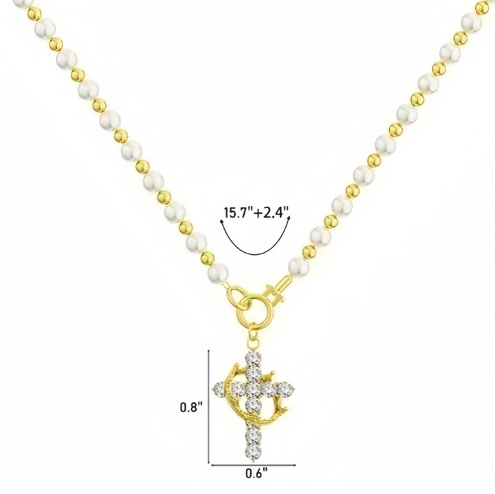 Gold-White Contrast Pearl & Pave Cross Necklace (Sweet-Cool Retro Light Luxury Style)