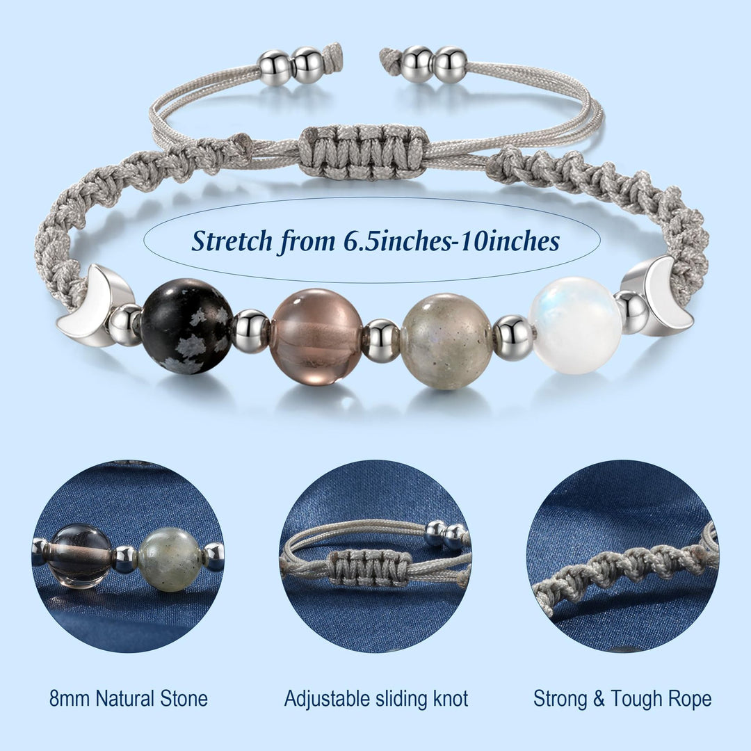 Moon Phase Natural Crystal Adjustable Braided Bracelet, Solid S925 Silver Crescent Healing Energy Stone Wristband, 2 Cord Color Options