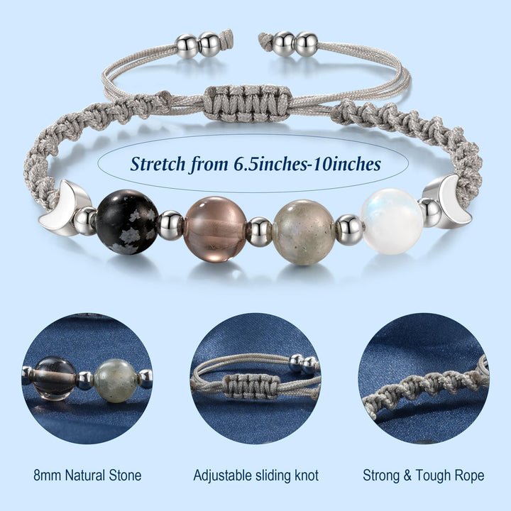 Moon Phase Natural Crystal Adjustable Braided Bracelet, Solid S925 Silver Crescent Healing Energy Stone Wristband, 2 Cord Color Options