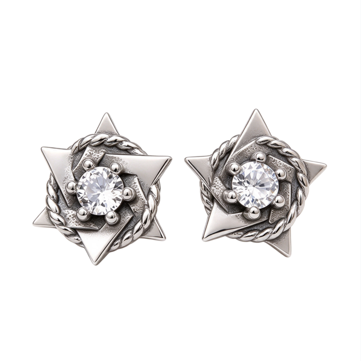 Vintage Antiqued Hexagram S925 Silver Stud Earrings, Rope Wrapped Diamond Studs, Dark Punk Unisex Earrings, White Diamond / Black Diamond Two Options