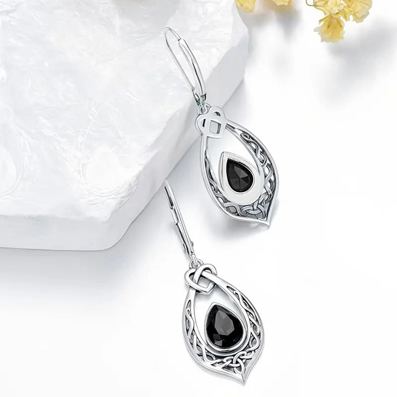 Vintage Celtic Knot Teardrop Black Agate Drop Earrings, Antique Hollow Gothic Leverback Earrings for Women