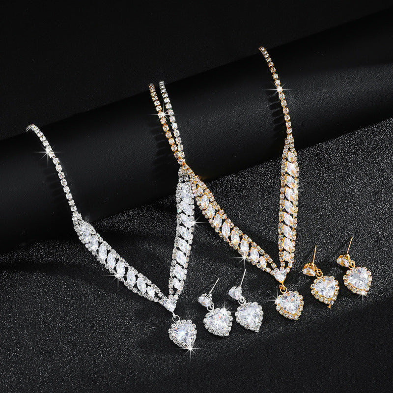 S925 Silver Heart Diamond Necklace & Earring Set, V-shaped Rhinestone Jewelry 2-Piece Set for Wedding & Banquet, Gold & Silver Two Tones