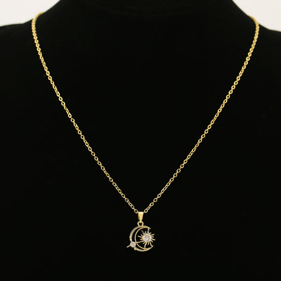 Sun‑Moon Star Diamond Pendant Necklace, Gold & Silver Two‑Color Options