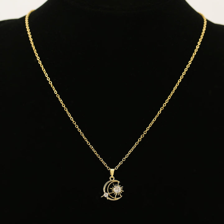 Sun‑Moon Star Diamond Pendant Necklace, Gold & Silver Two‑Color Options