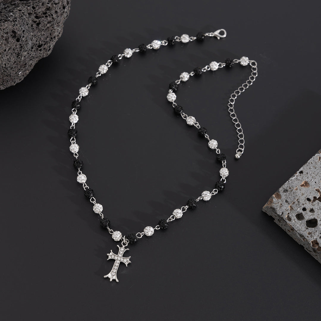 Pearl Shambhala Ball Cross Necklace, Vintage Hip Hop Adjustable Diamond Unisex Clavicle Chain for Men & Women
