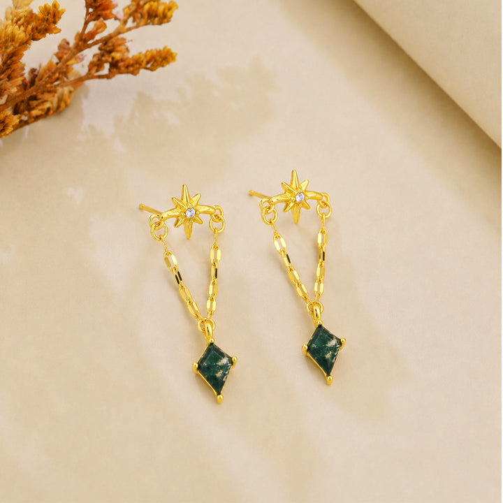Eight‑Pointed Star Chain Dangle Earrings, S925 Silver Long Drop Earrings With Rhombus Green Gemstone