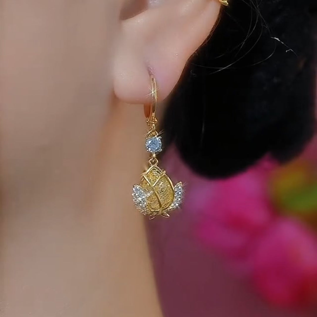 Hollow Tulip Diamond Hoop Earrings, Luxury Yellow Tulip Flower Dangle Earrings, Gold Elegant Earrings